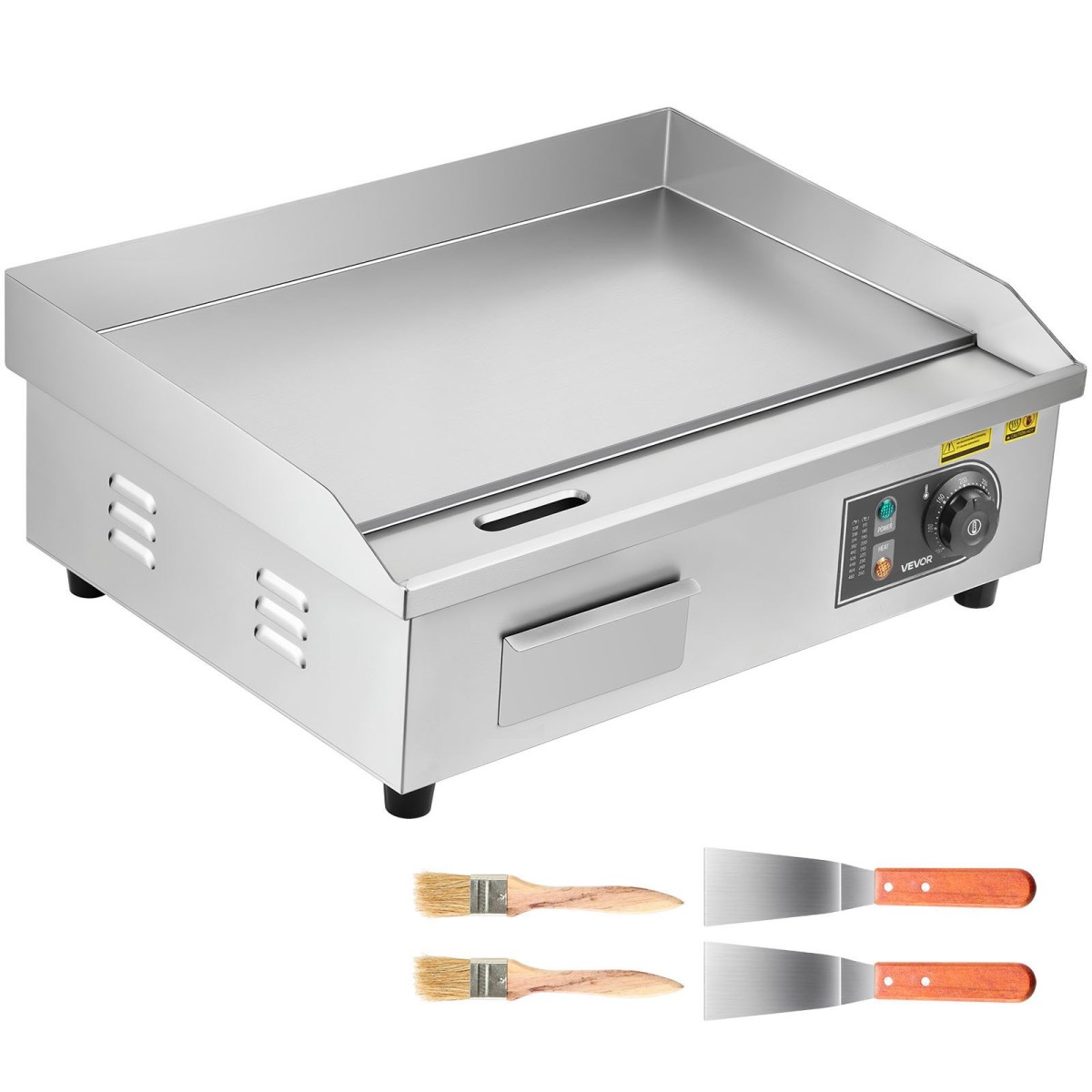 Εμπορική ηλεκτρική σχάρα VEVOR, 535 x 300 mm, 3200W, ρυθμιζόμενος έλεγχος θερμοκρασίας 50-300°C, Επίπεδη σχάρα από ανοξείδωτο χάλυβα με 2 σπάτουλες, 2 βούρτσες και 4 επιθέματα ποδιών, για μπριζόλα, τηγανίτα