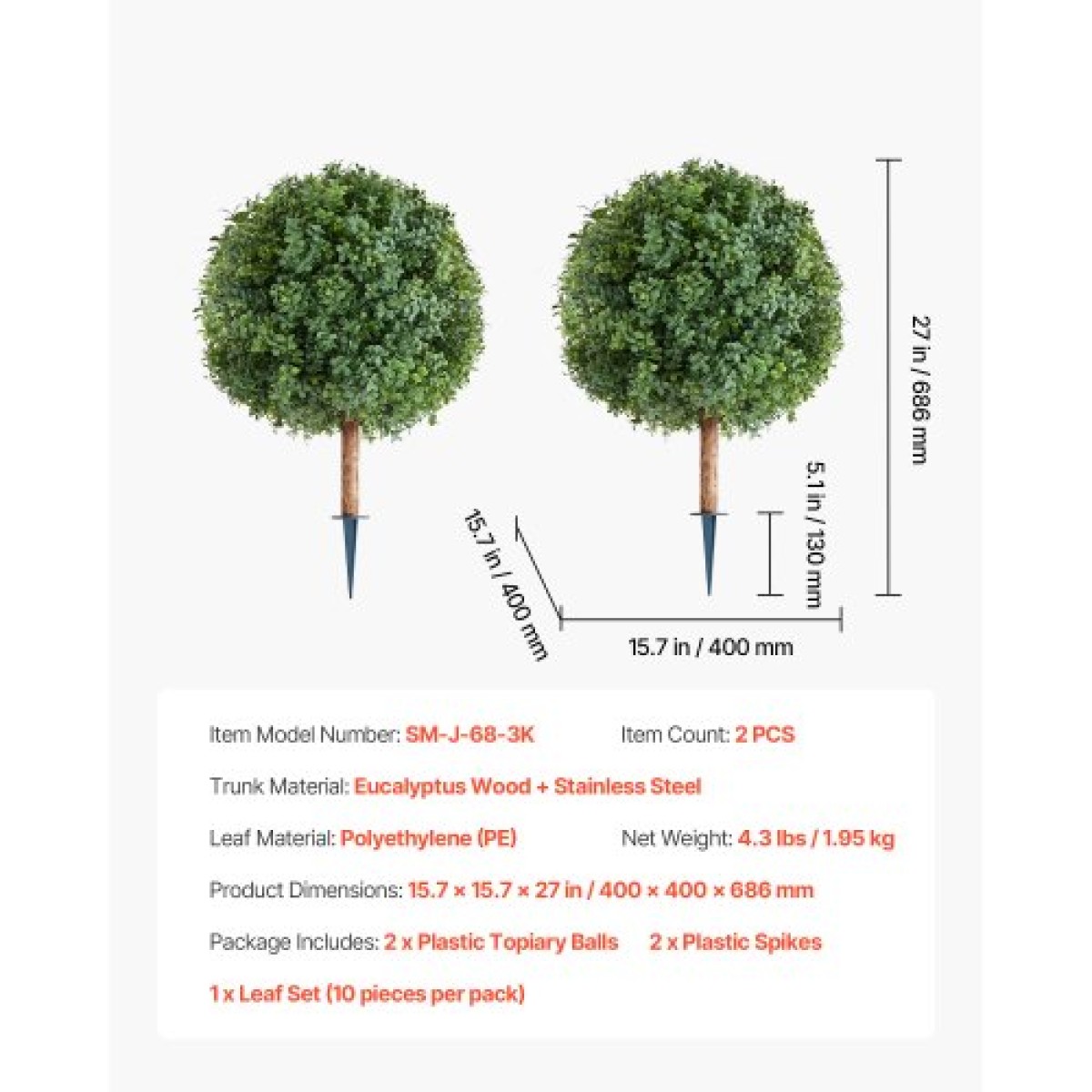 VEVOR Artificial Topiary Boxwood Trees with Ground Spike, 2 Set 686mm faux θάμνοι & θάμνοι σε γλάστρες, Fake Silk Tree Look Real for Decor Μπροστινή βεράντα Εσωτερική βεράντα Εσωτερική βεράντα Κήπος Μπαλκόνι Πίσω αυλή