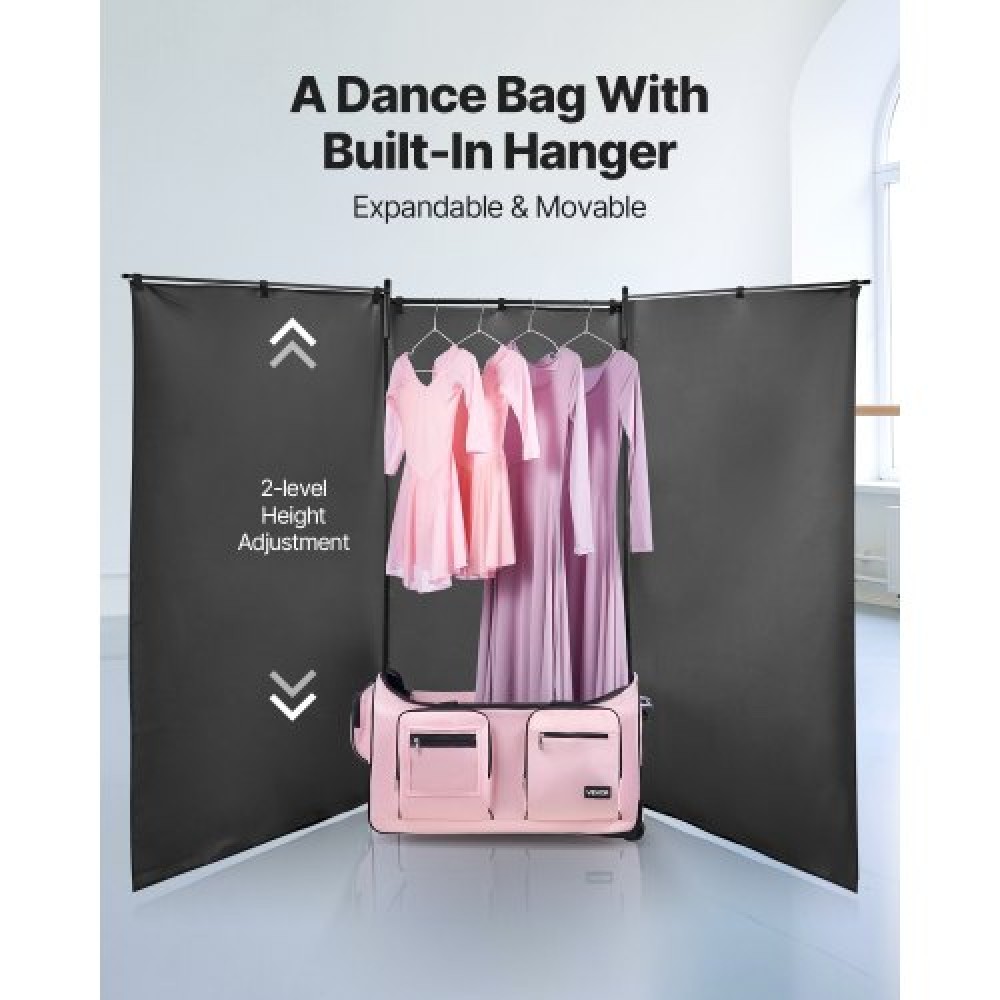 Τσάντα χορού VEVOR με ράφι ρούχων, 736,6 mm Rolling Dance Duffel, με ρόδες, θύρα USB, ράφι ρούχων με ρυθμιζόμενο ύψος, κουρτίνα προστασίας απορρήτου, Ιδανικό για ταξίδια και διαγωνισμούς, ματ ροζ