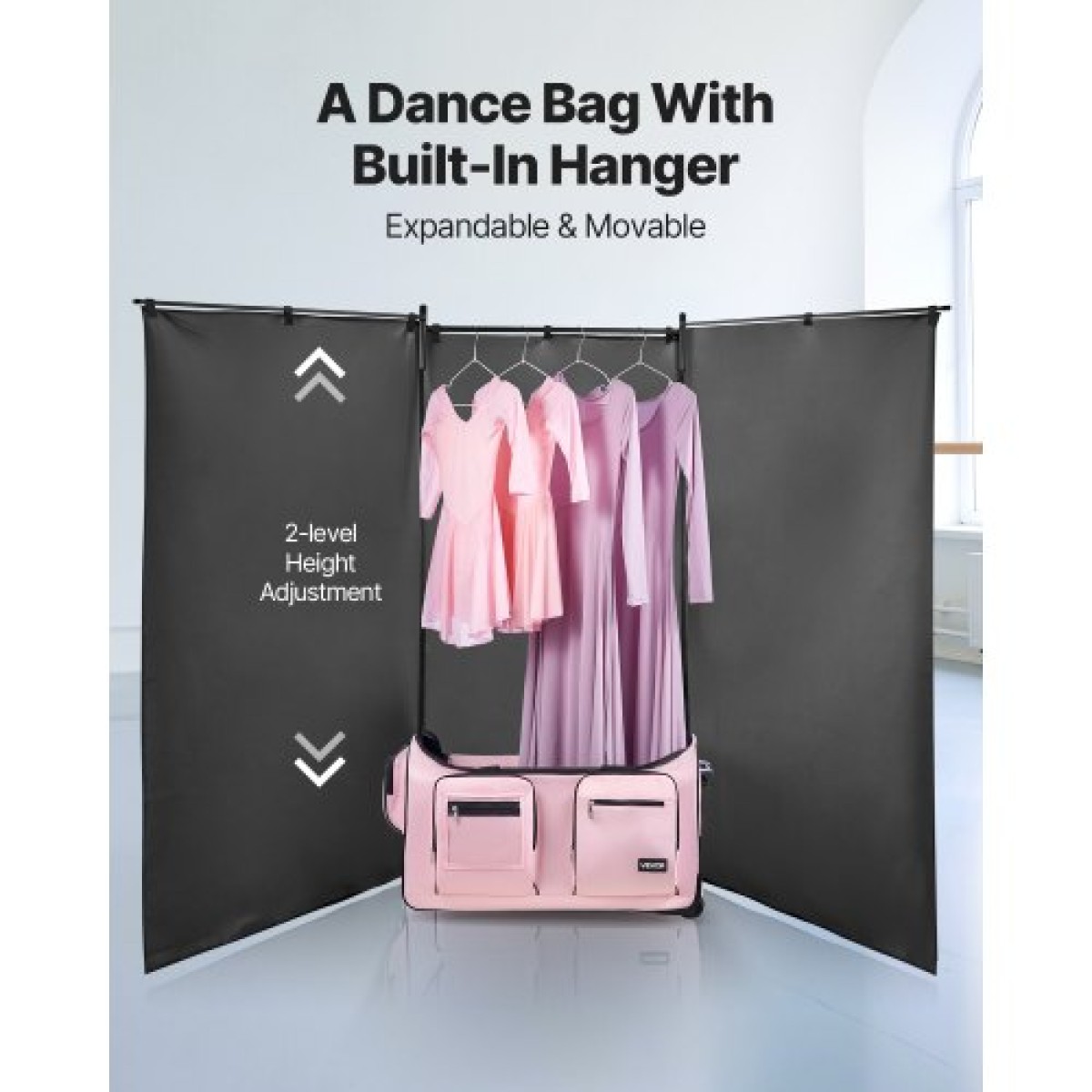 Τσάντα χορού VEVOR με ράφι ρούχων, 736,6 mm Rolling Dance Duffel, με ρόδες, θύρα USB, ράφι ρούχων με ρυθμιζόμενο ύψος, κουρτίνα προστασίας απορρήτου, Ιδανικό για ταξίδια και διαγωνισμούς, ματ ροζ