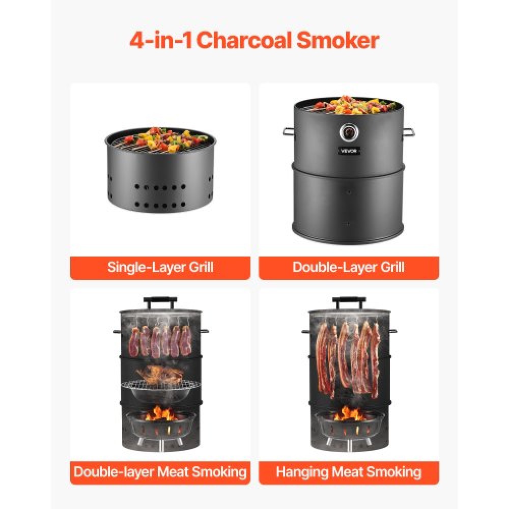 VEVOR Charcoal Smoker Grill, 470mm Barrel Charcoal BBQ Smoker, Coated Steel Outdoor Barbecue Grill with 2 Grilling Grates, 1 Hanging Rod, 6 Hooks & Thermometer, Ideal for Party Backyard Patio Cooking