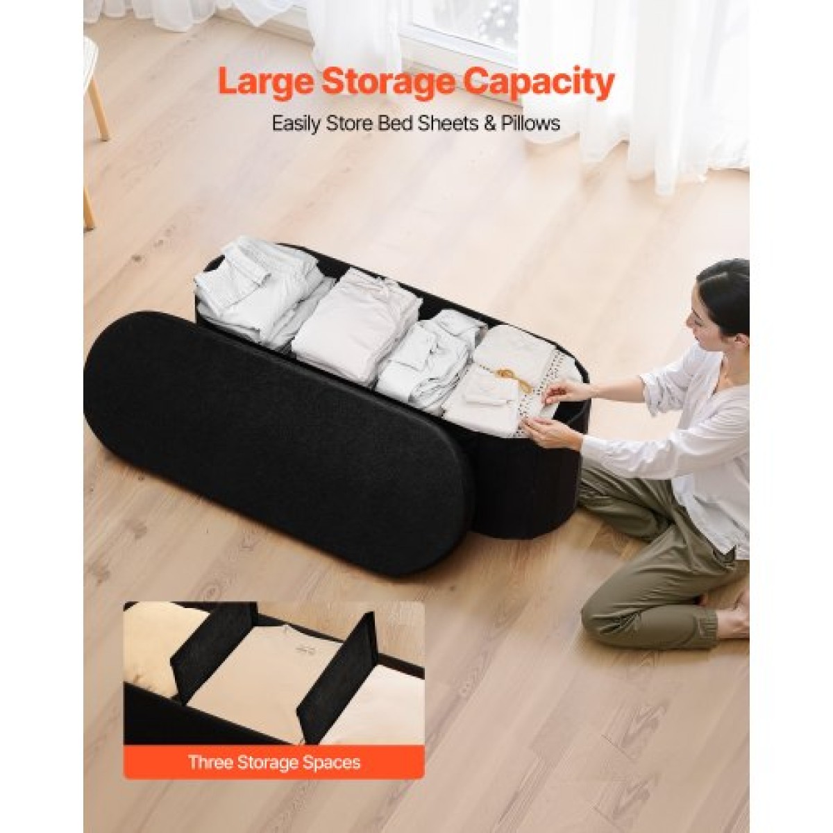 VEVOR Oval Storage Ottoman Πάγκος, Πτυσσόμενο Teddy Fleece End of Bed Bench, Πτυσσόμενο κρεβάτι με επένδυση Ottoman Chest με μεγάλο αποθηκευτικό χώρο, υποστηρίζει 660 lbs, για σαλόνι, υπνοδωμάτιο, είσοδος, μαύρο