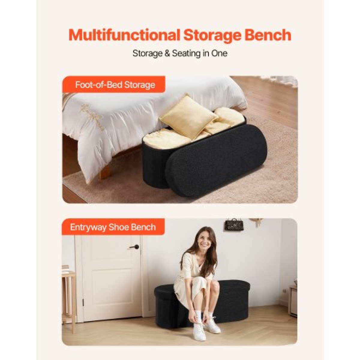 VEVOR Oval Storage Ottoman Πάγκος, Πτυσσόμενο Teddy Fleece End of Bed Bench, Πτυσσόμενο κρεβάτι με επένδυση Ottoman Chest με μεγάλο αποθηκευτικό χώρο, υποστηρίζει 660 lbs, για σαλόνι, υπνοδωμάτιο, είσοδος, μαύρο