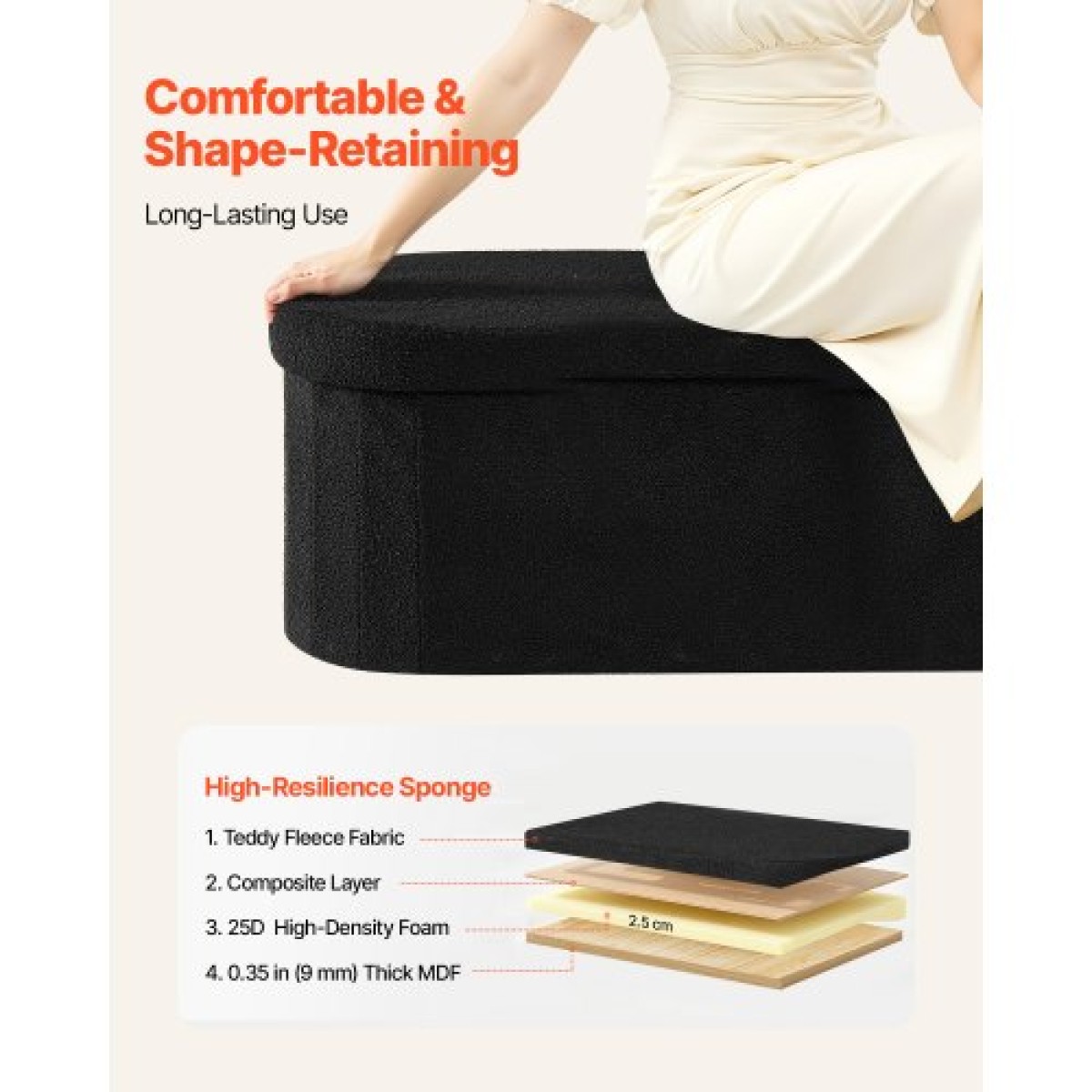 VEVOR Oval Storage Ottoman Πάγκος, Πτυσσόμενο Teddy Fleece End of Bed Bench, Πτυσσόμενο κρεβάτι με επένδυση Ottoman Chest με μεγάλο αποθηκευτικό χώρο, υποστηρίζει 660 lbs, για σαλόνι, υπνοδωμάτιο, είσοδος, μαύρο
