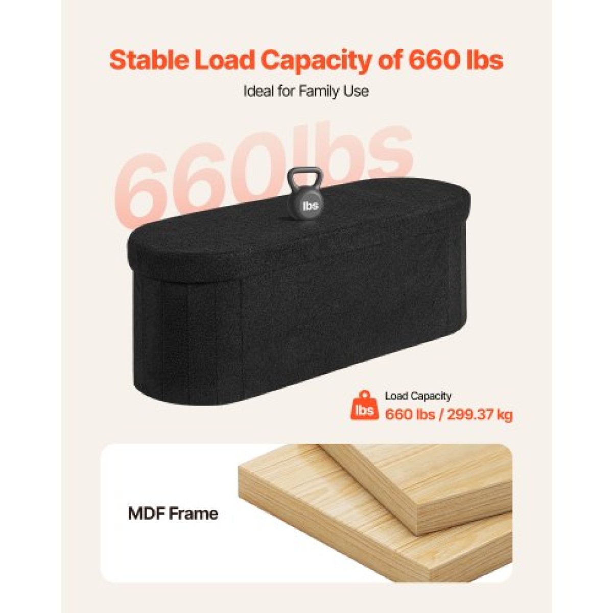 VEVOR Oval Storage Ottoman Πάγκος, Πτυσσόμενο Teddy Fleece End of Bed Bench, Πτυσσόμενο κρεβάτι με επένδυση Ottoman Chest με μεγάλο αποθηκευτικό χώρο, υποστηρίζει 660 lbs, για σαλόνι, υπνοδωμάτιο, είσοδος, μαύρο