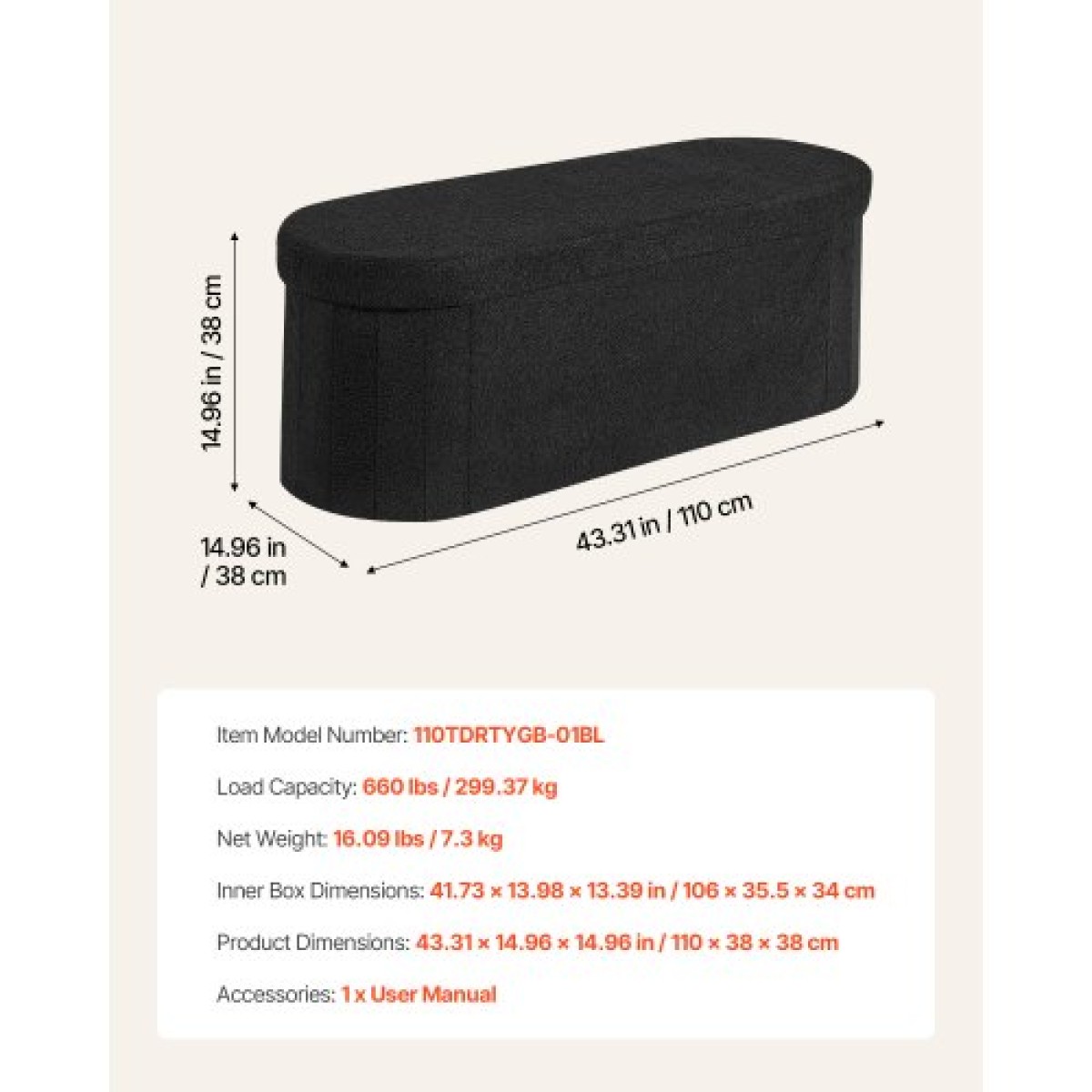 VEVOR Oval Storage Ottoman Πάγκος, Πτυσσόμενο Teddy Fleece End of Bed Bench, Πτυσσόμενο κρεβάτι με επένδυση Ottoman Chest με μεγάλο αποθηκευτικό χώρο, υποστηρίζει 660 lbs, για σαλόνι, υπνοδωμάτιο, είσοδος, μαύρο