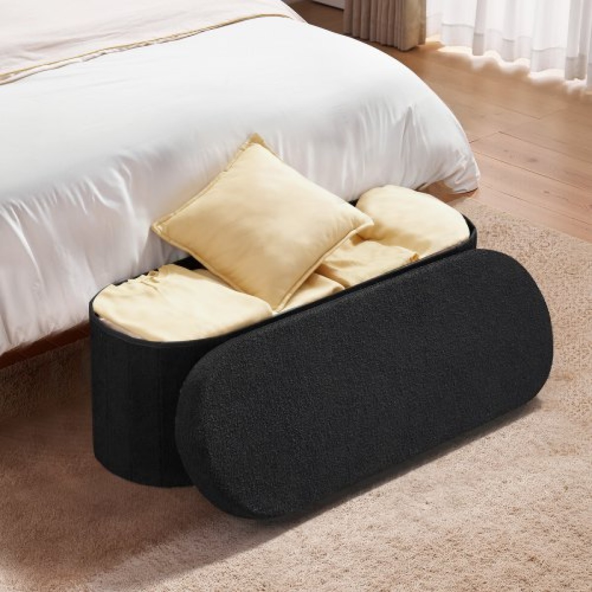 VEVOR Oval Storage Ottoman Πάγκος, Πτυσσόμενο Teddy Fleece End of Bed Bench, Πτυσσόμενο κρεβάτι με επένδυση Ottoman Chest με μεγάλο αποθηκευτικό χώρο, υποστηρίζει 660 lbs, για σαλόνι, υπνοδωμάτιο, είσοδος, μαύρο