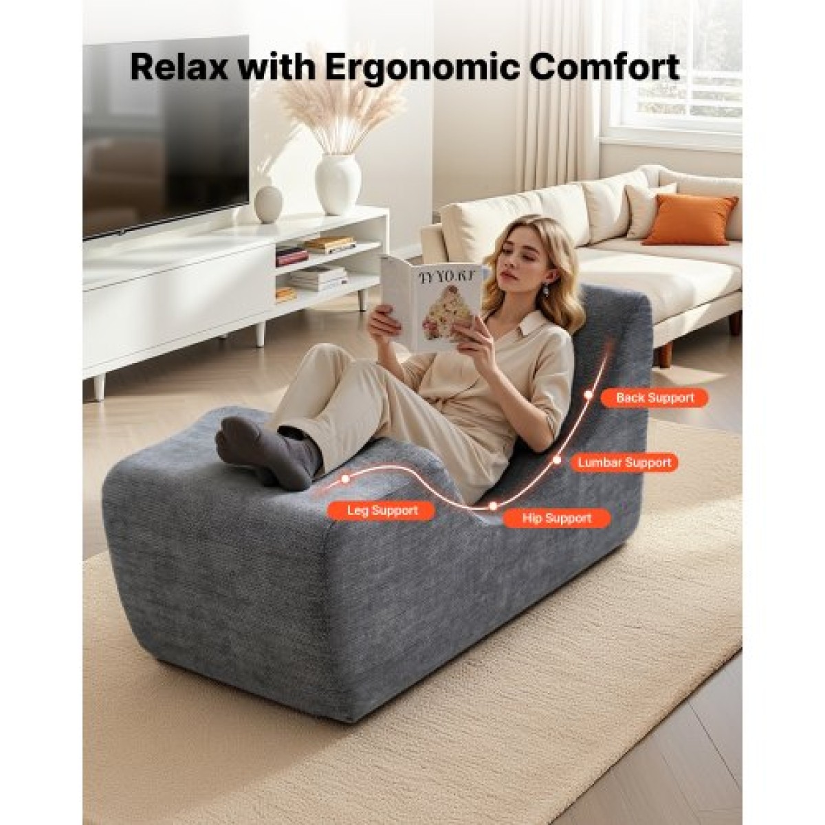 VEVOR Yoga Chair Chaise, Εργονομική Καρέκλα Chaise Lounge για Yoga, Μοντέρνο Lounge χωρίς κόκαλα με καμπύλο αφρό Εσωτερικό για μασάζ, Stretching, Χαλάρωση, Άσκηση, Χρησιμοποιείται σε Σαλόνι, Υπνοδωμάτιο, Μπαλκόνι, Γκρι