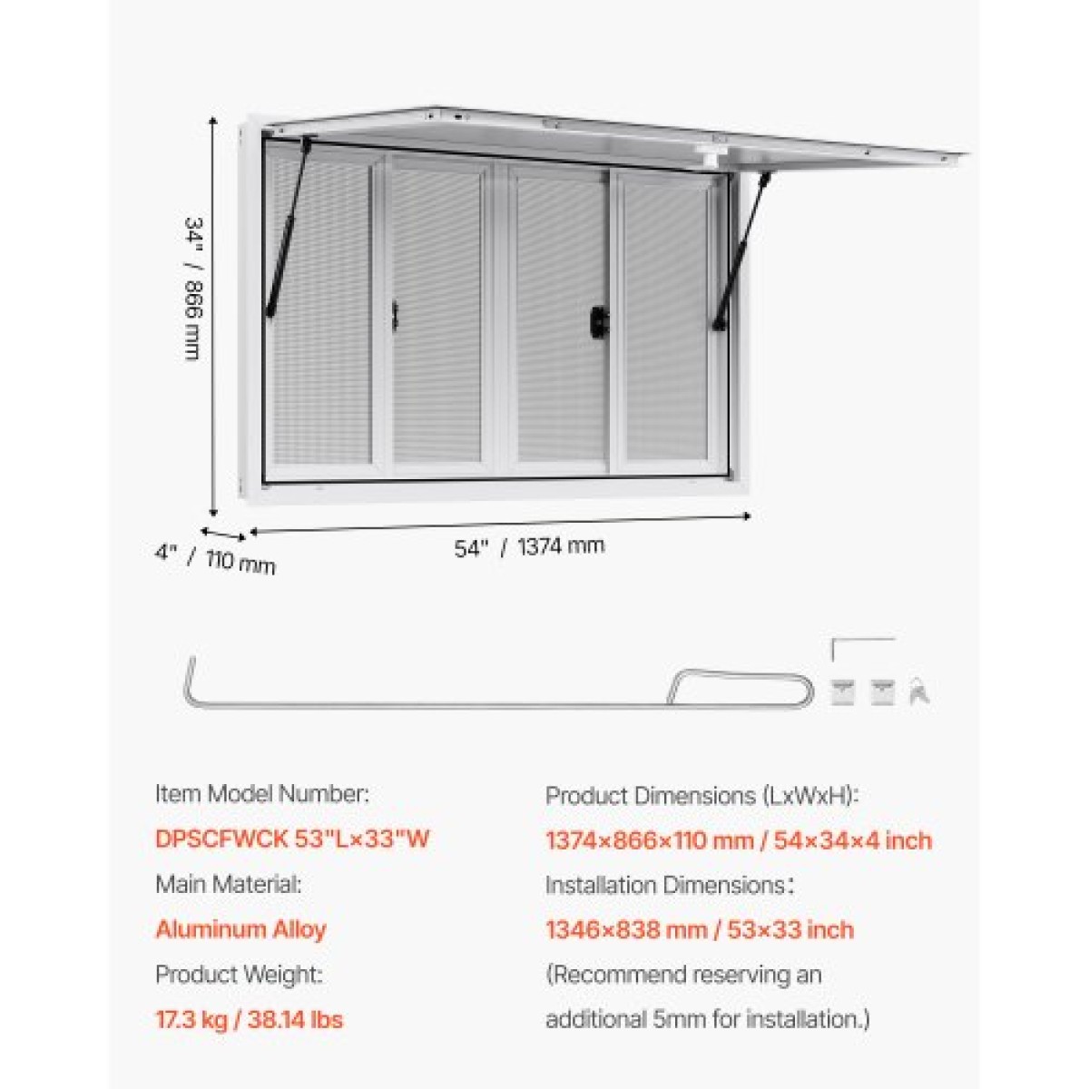 Παράθυρο παραχώρησης VEVOR 135x84 cm, Παράθυρο σέρβις από κράμα αλουμινίου για φορτηγό τροφίμων, παράθυρο σερβιρίσματος με βάση μέχρι 85 μοίρες με 4 συρόμενα παράθυρα, τέντα πόρτα και γάντζο έλξης, για ρυμουλκούμενα παραχώρησης