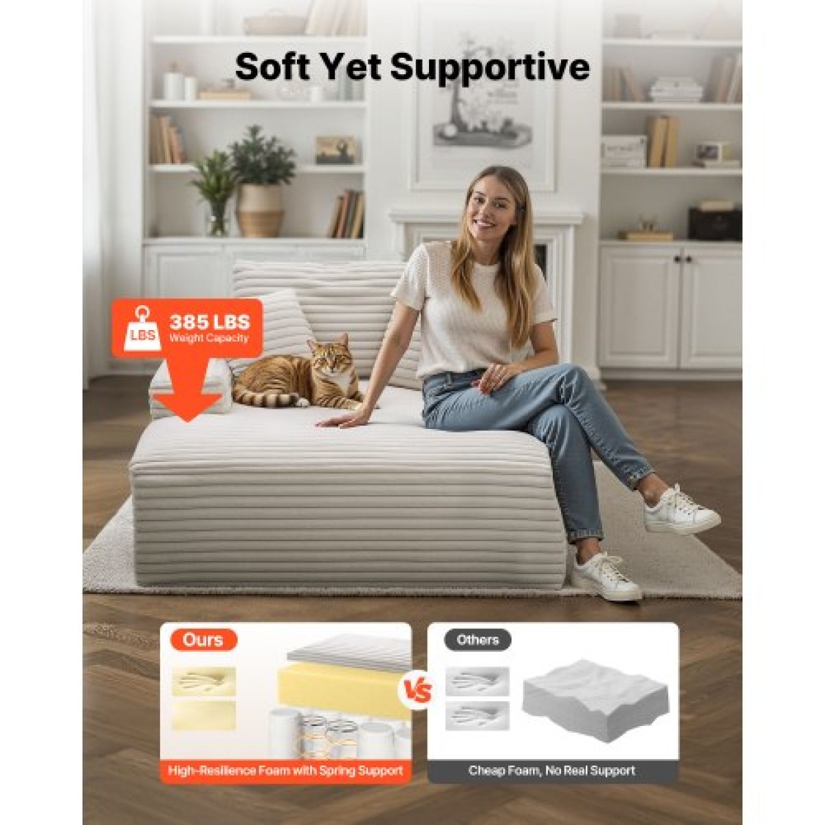 Καρέκλα VEVOR Chaise Lounge, 1380 mm Boneless Chaise Lounge Indoor, Μοντέρνα επικαλυμμένη υπερμεγέθη καρέκλα ανάγνωσης με μαξιλάρια & μπράτσα, καναπές, Βαθύς καναπές, καθιστικό για σαλόνι, υπνοδωμάτιο, μπεζ