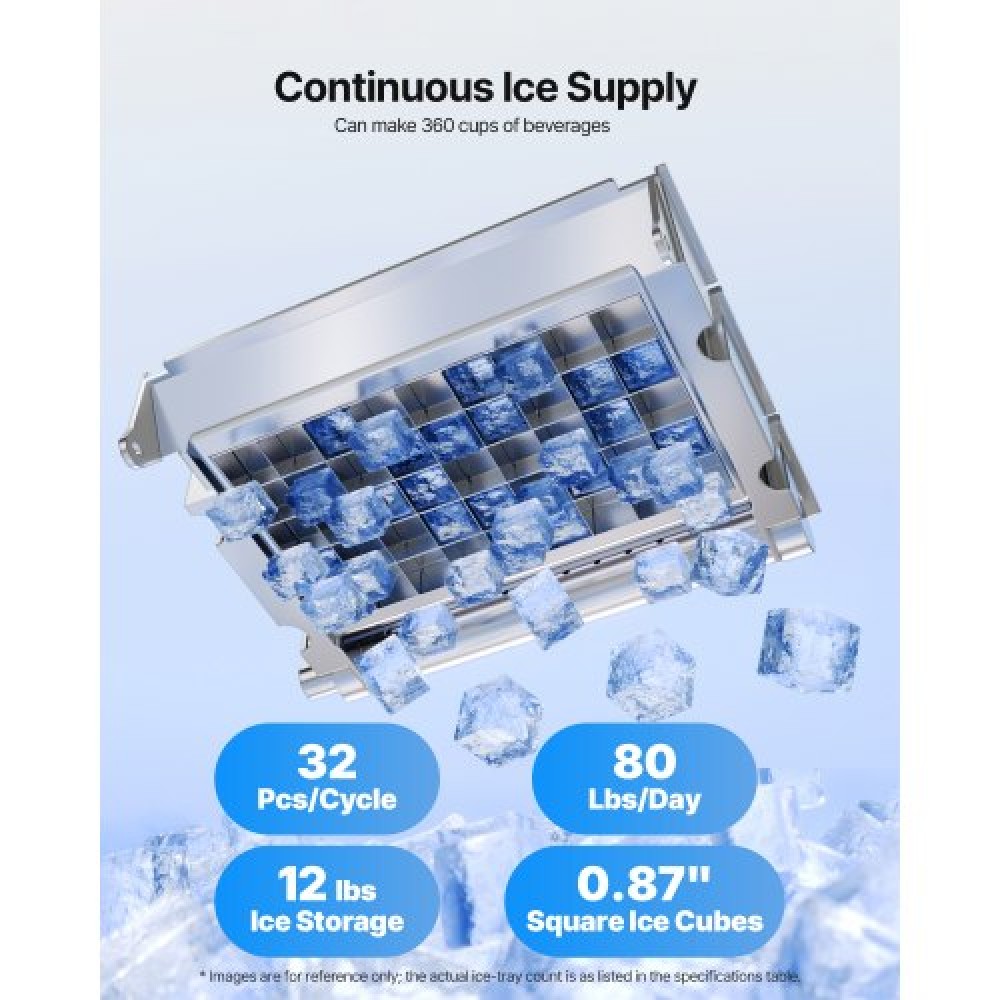 VEVOR Commercial Ice Maker Machine, 36.29 kg/24h with 5.44kg Storage, 32 Cubes per Cycle, Stainless Steel Freestanding & Countertop Ice Maker with LED Display & Self-Cleaning, for Home Bar Restaurant