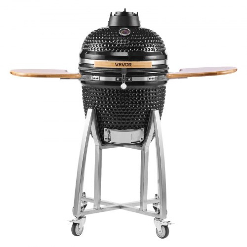 VEVOR Charcoal Smoker and Grill, 450mm Kamado Charcoal BBQ Smoker, Movable Ceramic Barbecue Grill with 4 Wheels (2 Lockable), Built-in Thermometer, Air Vent & Side Shelf for Outdoor Patio Yard Cooking