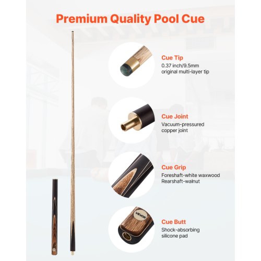 VEVOR Pool Cue, 1447.8mm Jointed Snooker Cue, Snooker Cues Stick with Extension Rod & 9.5mm Leather Tip, 538g Pools Stick for Professional Pool Table, Bar, Home, Office, Includes Aluminum Case