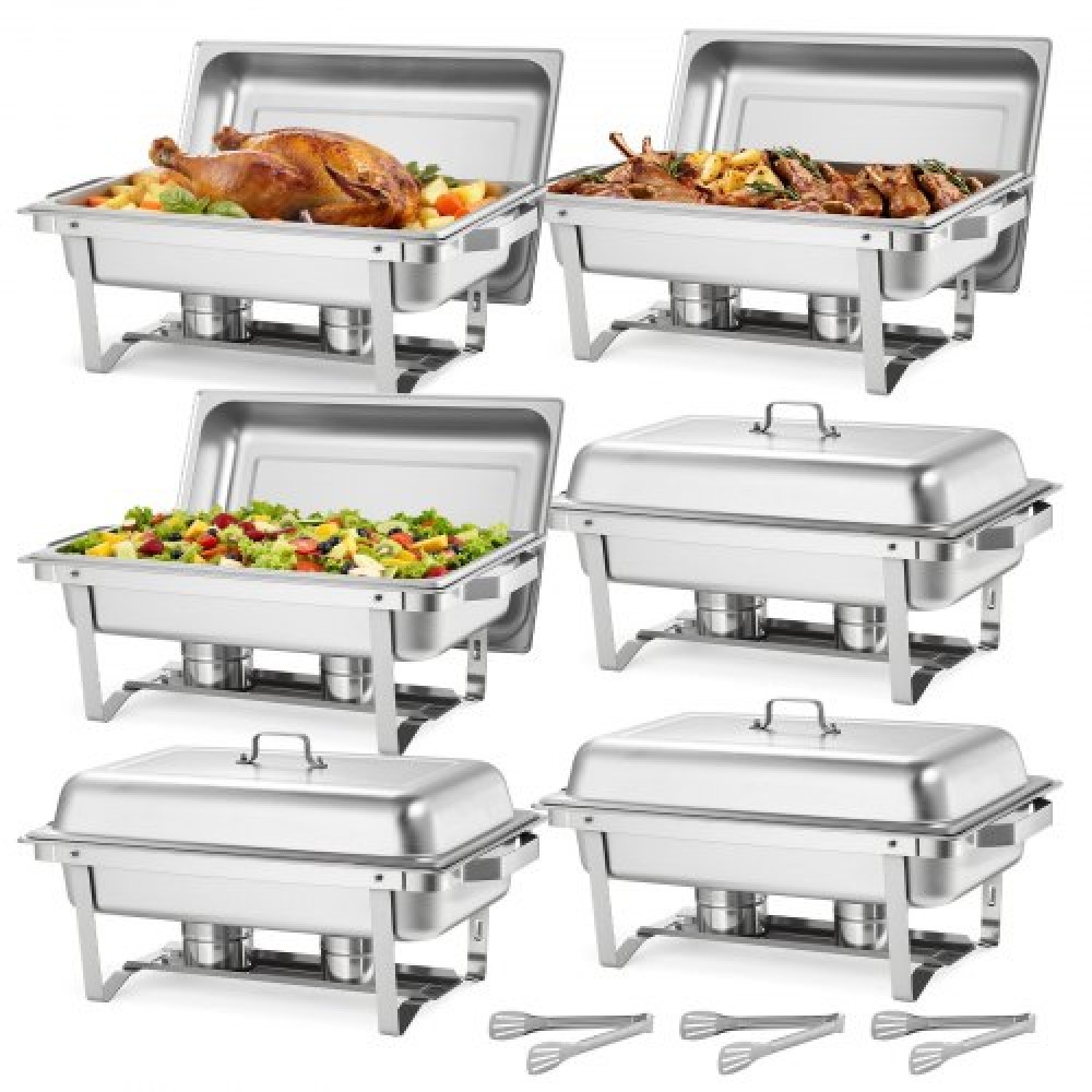 VEVOR Rectangle Chafing Dish, 9,91L 6 Pack Stainless Steel Dish, Food Warmer Chafer Complete σετ με κούφια λαβή, 3 λαβίδες φαγητού, καπάκι, θήκη καυσίμου, πιάτα τσαγιού για πάρτι γάμου