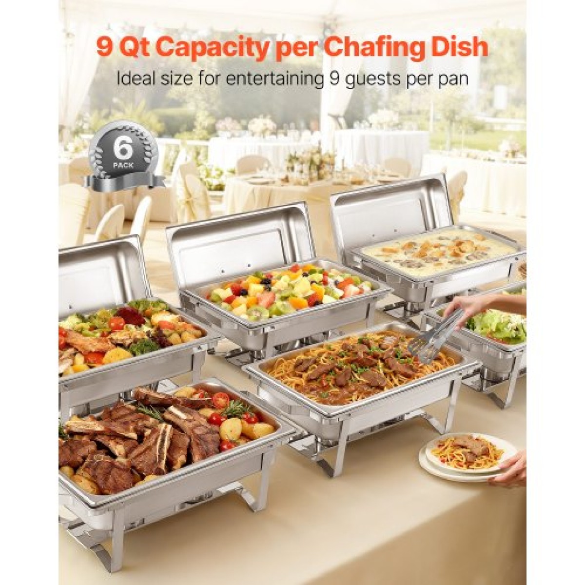 VEVOR Rectangle Chafing Dish, 9,91L 6 Pack Stainless Steel Dish, Food Warmer Chafer Complete σετ με κούφια λαβή, 3 λαβίδες φαγητού, καπάκι, θήκη καυσίμου, πιάτα τσαγιού για πάρτι γάμου