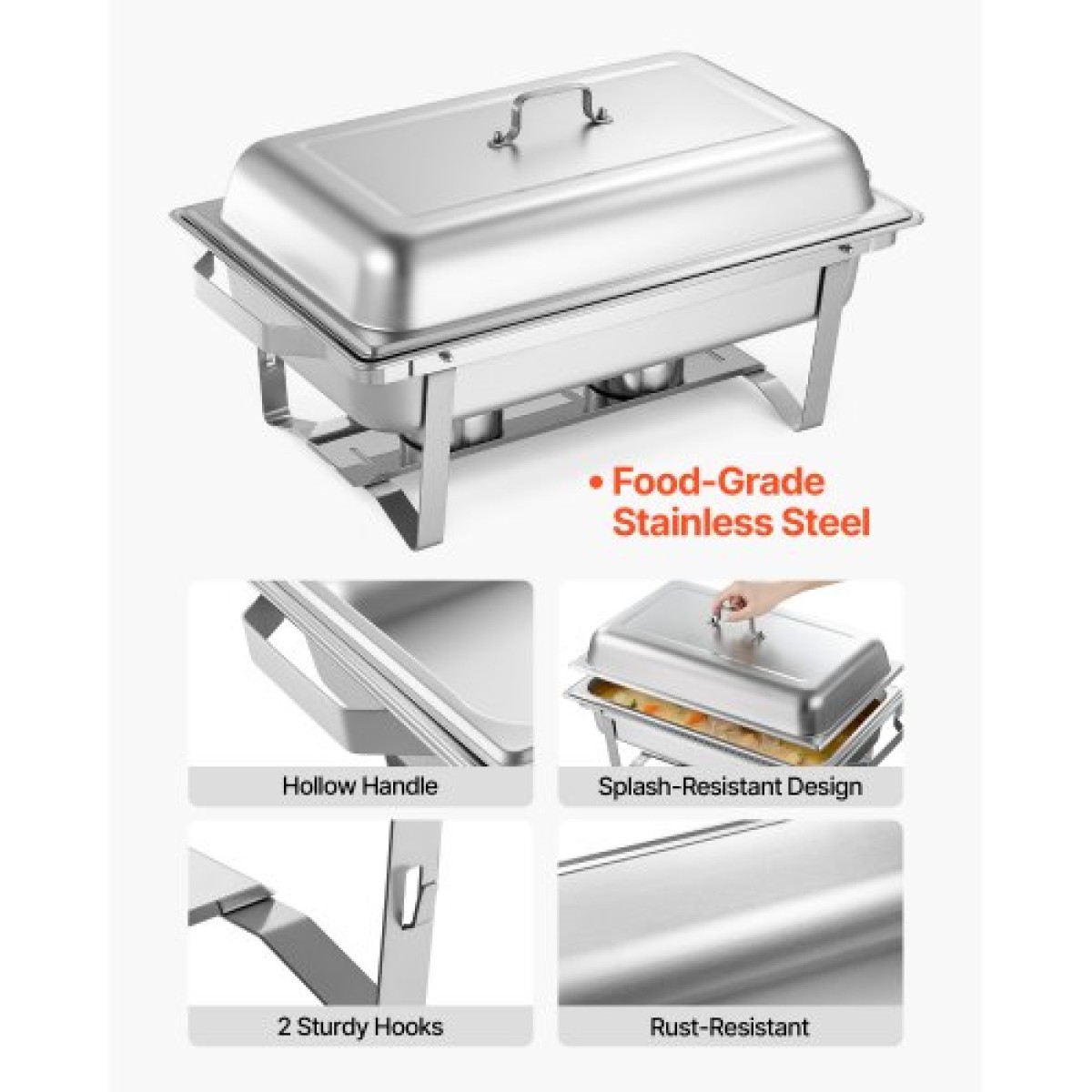 VEVOR Rectangle Chafing Dish, 9,91L 6 Pack Stainless Steel Dish, Food Warmer Chafer Complete σετ με κούφια λαβή, 3 λαβίδες φαγητού, καπάκι, θήκη καυσίμου, πιάτα τσαγιού για πάρτι γάμου