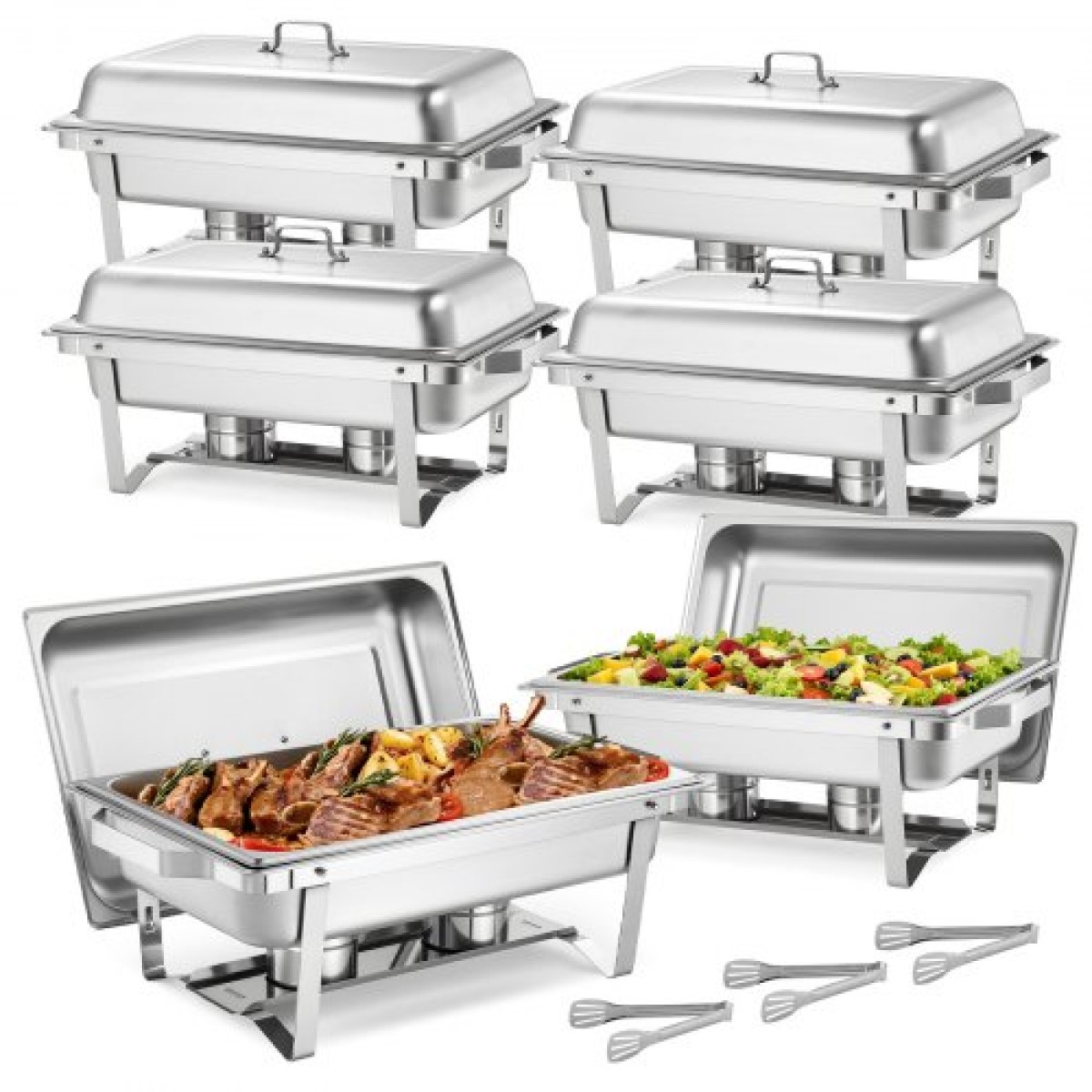 VEVOR Rectangle Chafing Dish, 9,91L 6 Pack Stainless Steel Dish, Food Warmer Chafer Complete σετ με κούφια λαβή, 3 λαβίδες φαγητού, καπάκι, θήκη καυσίμου, πιάτα τσαγιού για πάρτι γάμου