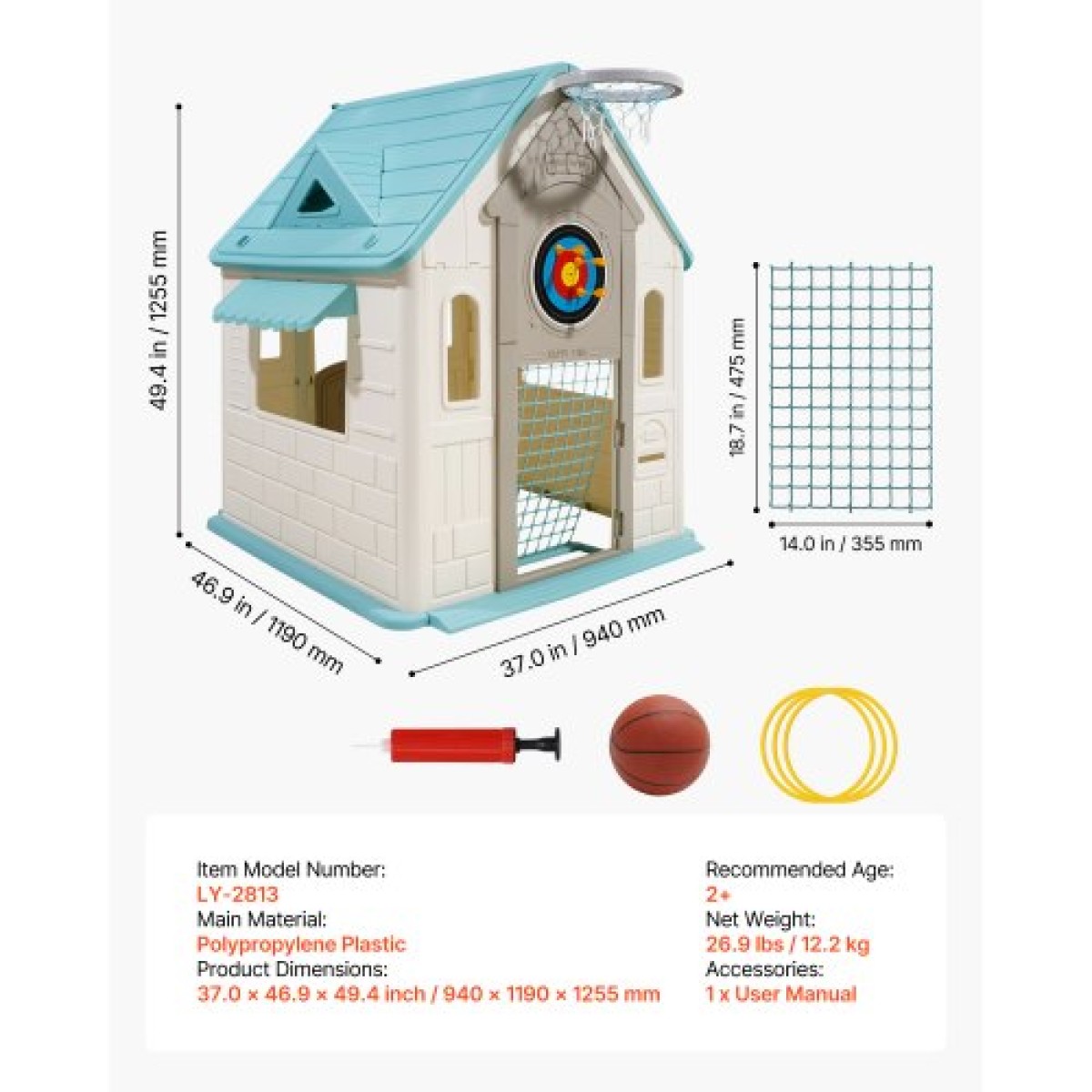 VEVOR Outdoor Playhouse, 5-σε-1 Cottage Play House με προσποίηση, μπάσκετ, βελάκια, ποδόσφαιρο, ριχτάρι, παράθυρο & βολική πόρτα, σετ διαφανειών για νήπια για ηλικία 2+, λείες άκρες, πλαστικό πολυπροπυλενίου