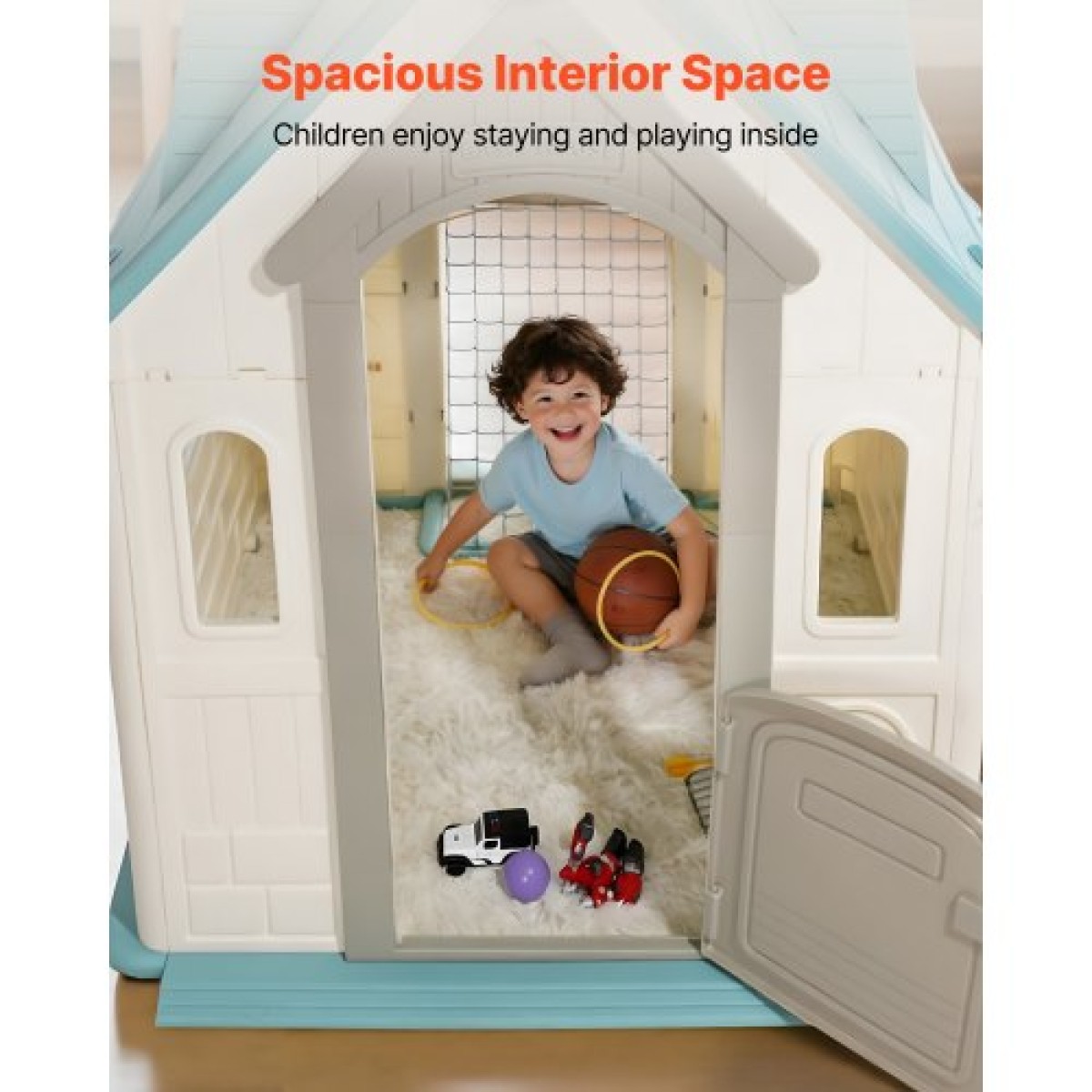 VEVOR Outdoor Playhouse, 5-σε-1 Cottage Play House με προσποίηση, μπάσκετ, βελάκια, ποδόσφαιρο, ριχτάρι, παράθυρο & βολική πόρτα, σετ διαφανειών για νήπια για ηλικία 2+, λείες άκρες, πλαστικό πολυπροπυλενίου