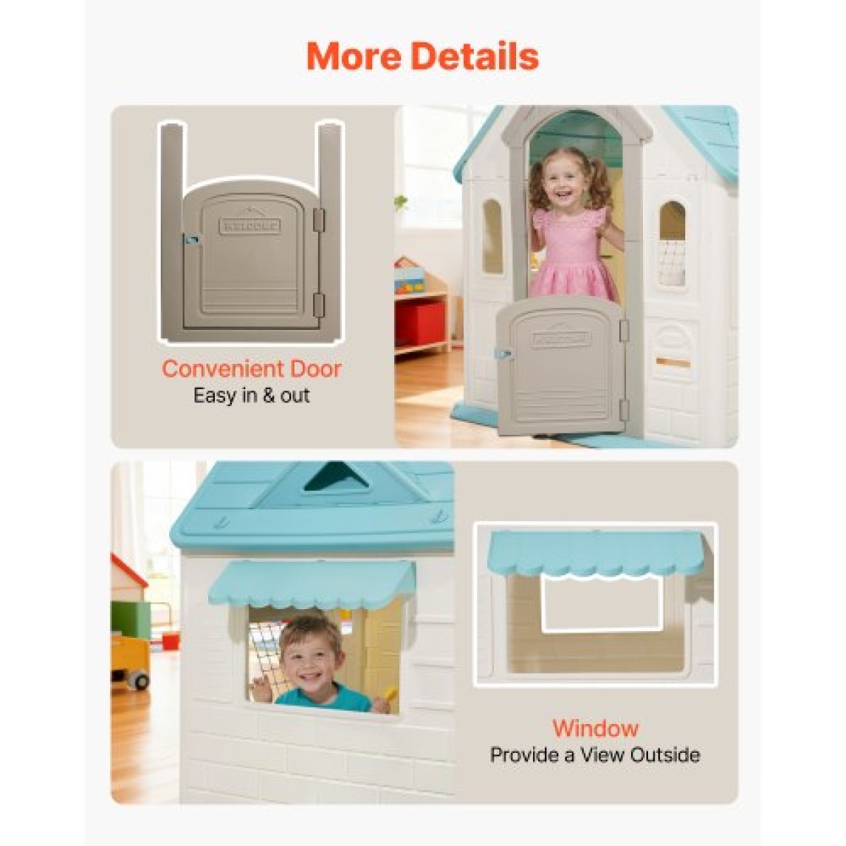 VEVOR Outdoor Playhouse, 5-σε-1 Cottage Play House με προσποίηση, μπάσκετ, βελάκια, ποδόσφαιρο, ριχτάρι, παράθυρο & βολική πόρτα, σετ διαφανειών για νήπια για ηλικία 2+, λείες άκρες, πλαστικό πολυπροπυλενίου