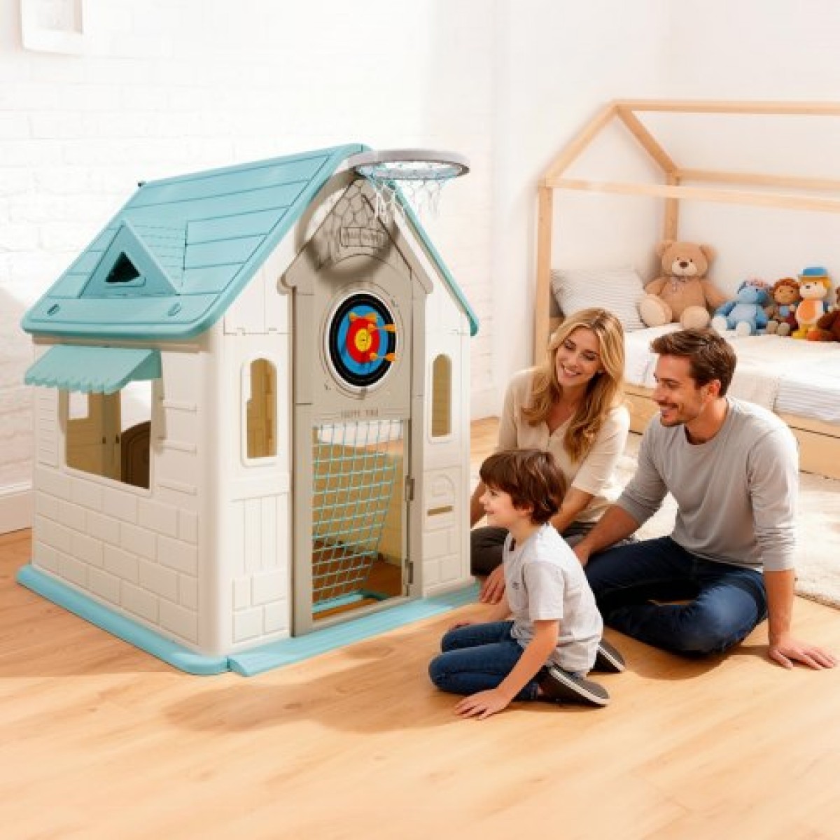 VEVOR Outdoor Playhouse, 5-σε-1 Cottage Play House με προσποίηση, μπάσκετ, βελάκια, ποδόσφαιρο, ριχτάρι, παράθυρο & βολική πόρτα, σετ διαφανειών για νήπια για ηλικία 2+, λείες άκρες, πλαστικό πολυπροπυλενίου