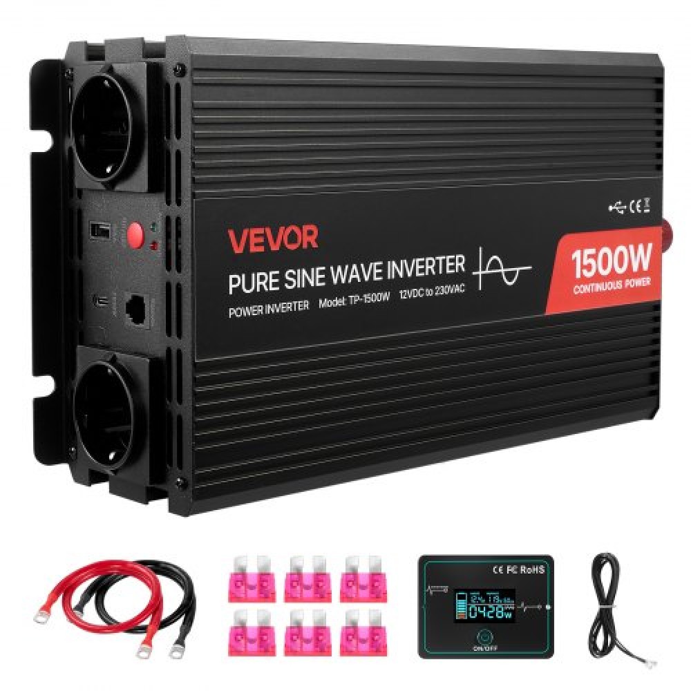 VEVOR 1500W Power Inverter, 12V DC to 230V AC Pure Sine Wave Inverter, Car Charger Converter with Remote Control, USB & Type-C Ports, 2 AC Outlets, Fast-charging for RV, Truck Outdoor Camping
