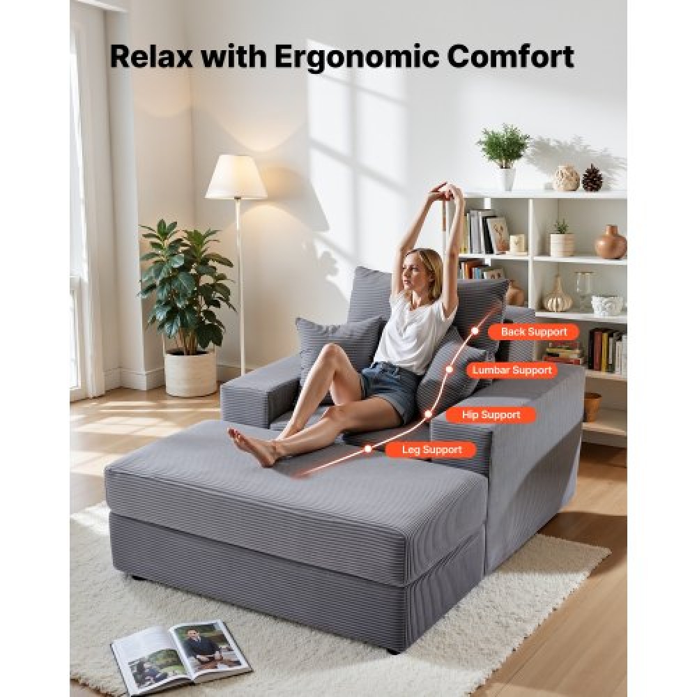 Καρέκλα VEVOR Chaise Lounge, 1115 mm Boneless Modular Chaise Lounge Indoor, Υπερμεγέθη κοτλέ πολυθρόνα ανάγνωσης με μαξιλάρια και μπράτσα, Βαθιά θέση καναπέ-κρεβάτι ύπνου για σαλόνι, υπνοδωμάτιο, γκρι
