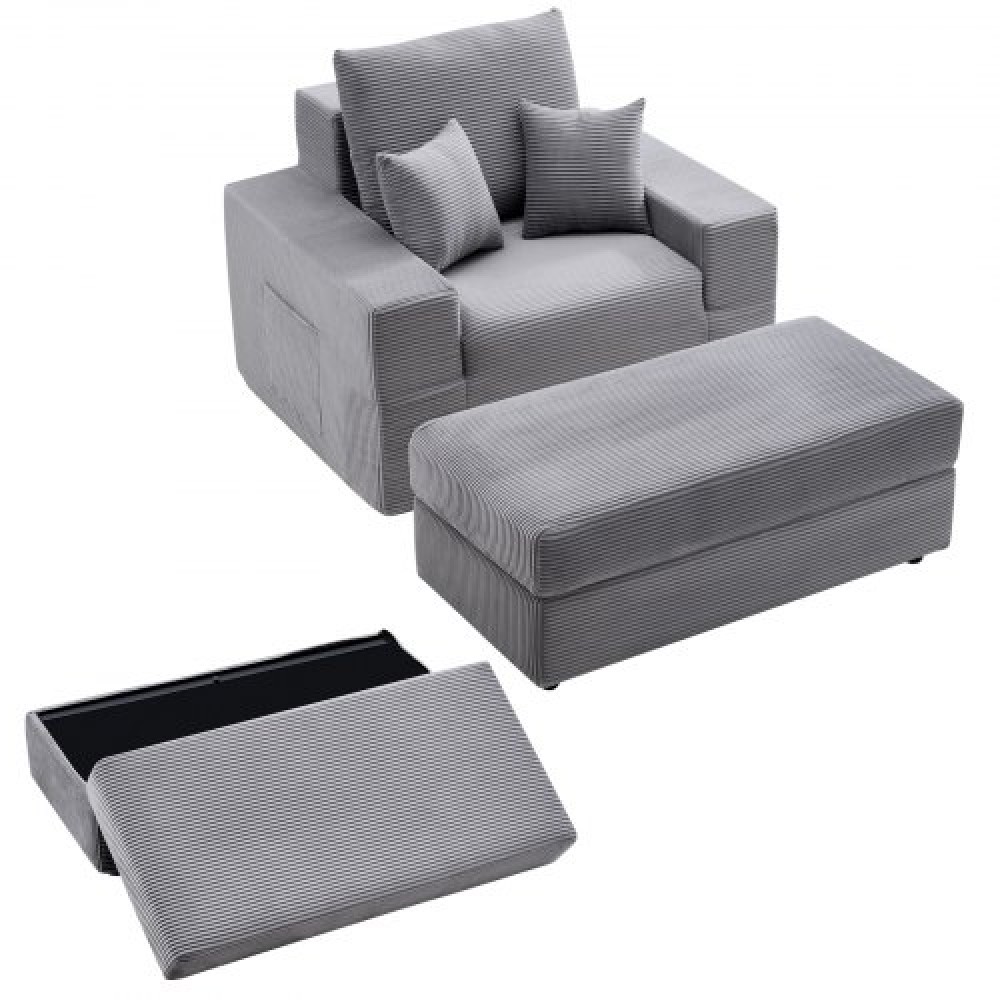 Καρέκλα VEVOR Chaise Lounge, 1115 mm Boneless Modular Chaise Lounge Indoor, Υπερμεγέθη κοτλέ πολυθρόνα ανάγνωσης με μαξιλάρια και μπράτσα, Βαθιά θέση καναπέ-κρεβάτι ύπνου για σαλόνι, υπνοδωμάτιο, γκρι
