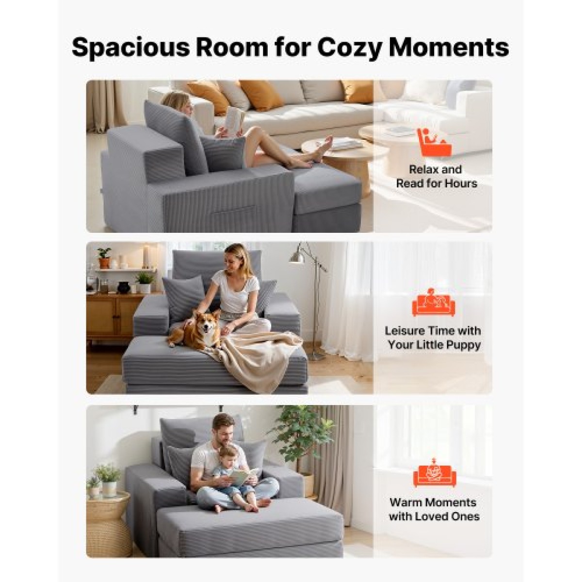 Καρέκλα VEVOR Chaise Lounge, 1115 mm Boneless Modular Chaise Lounge Indoor, Υπερμεγέθη κοτλέ πολυθρόνα ανάγνωσης με μαξιλάρια και μπράτσα, Βαθιά θέση καναπέ-κρεβάτι ύπνου για σαλόνι, υπνοδωμάτιο, γκρι