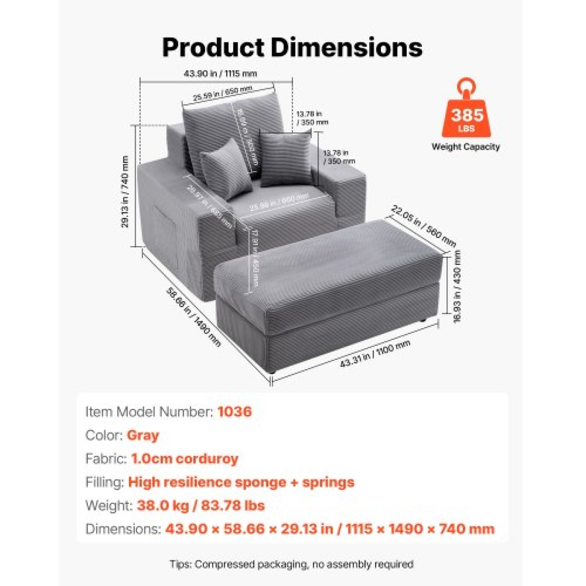 Καρέκλα VEVOR Chaise Lounge, 1115 mm Boneless Modular Chaise Lounge Indoor, Υπερμεγέθη κοτλέ πολυθρόνα ανάγνωσης με μαξιλάρια και μπράτσα, Βαθιά θέση καναπέ-κρεβάτι ύπνου για σαλόνι, υπνοδωμάτιο, γκρι