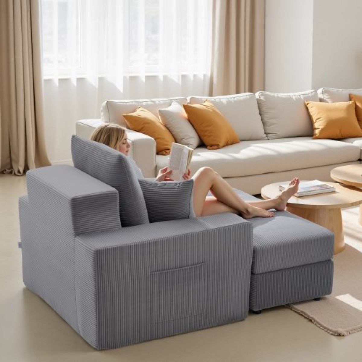 Καρέκλα VEVOR Chaise Lounge, 1115 mm Boneless Modular Chaise Lounge Indoor, Υπερμεγέθη κοτλέ πολυθρόνα ανάγνωσης με μαξιλάρια και μπράτσα, Βαθιά θέση καναπέ-κρεβάτι ύπνου για σαλόνι, υπνοδωμάτιο, γκρι