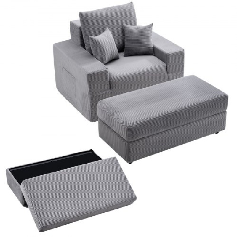 VEVOR Chaise Lounge Chair, 1115 mm Boneless Modular Chaise Lounge Indoor, Oversized Corduroy Reading Chair with Throw Pillows & Armrests, Deep Seat Sofa Couch Sleeper for Living Room, Bedroom, Grey