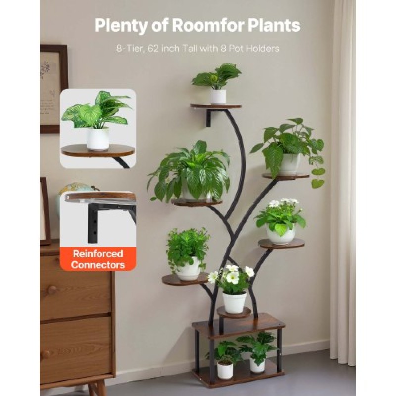 Βάση φυτών VEVOR Indoor with Grow Lights, Φωτιζόμενο ράφι φυτών 8 επιπέδων ύψους 157,5 cm, μεταλλική γωνιακή βάση για φυτά, 3 χρονοδιακόπτη & 10 φωτεινότητα, σχάρα προβολής λουλουδιών σε σχήμα δέντρου για διακόσμηση μπαλκονιού σαλονιού