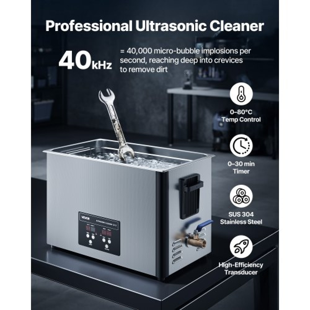 VEVOR 30L Ultrasonic Cleaner, Professional Ultrasonic Cleaner Machine with Cleaning Basket & Digital Display, 480W Stainless Steel 40kHz Industrial Cleaning Machine for Parts, Carburetors, Instruments
