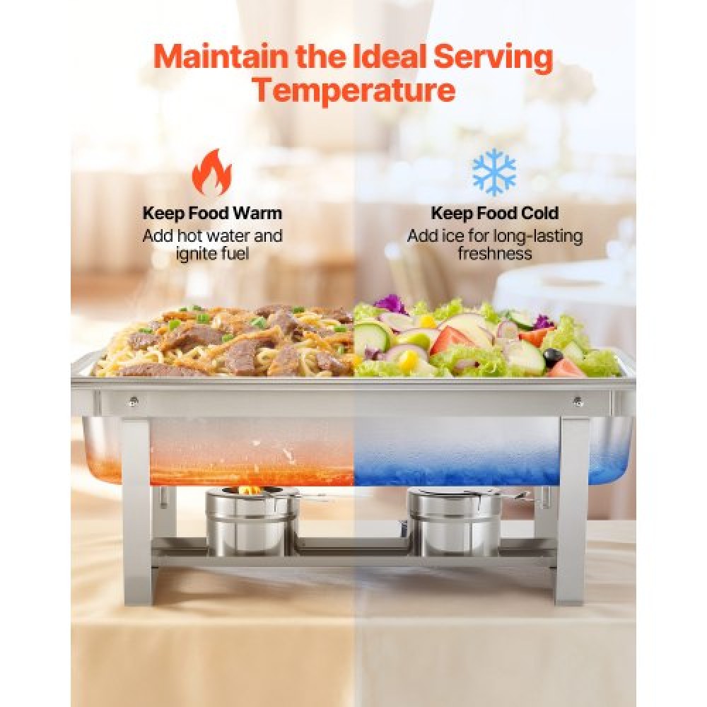 VEVOR Rectangle Chafing Dish, 9,91L 4 Pack Stainless Steel Dish, Food Warmer Chafer Complete σετ με κούφια λαβή, 2 λαβίδες φαγητού, καπάκι, θήκη καυσίμου, πιάτα τσαγιού για πάρτι γάμου
