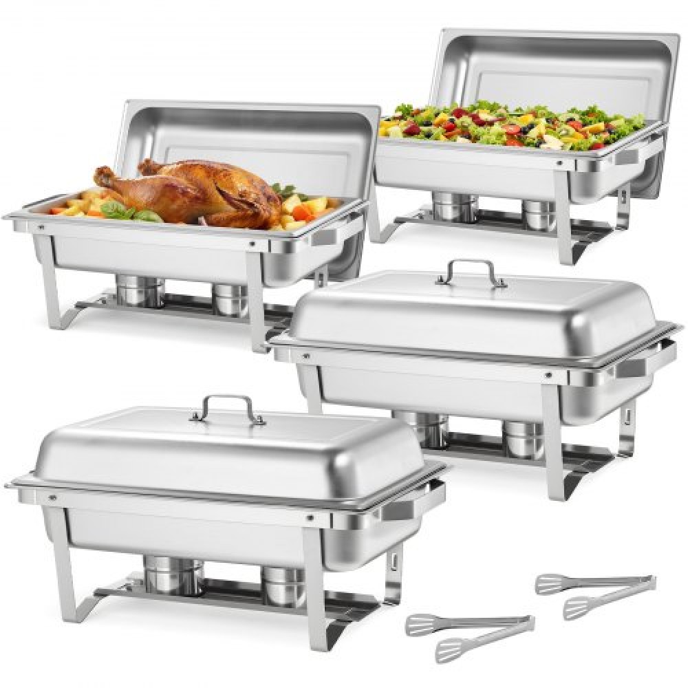 VEVOR Rectangle Chafing Dish, 9,91L 4 Pack Stainless Steel Dish, Food Warmer Chafer Complete σετ με κούφια λαβή, 2 λαβίδες φαγητού, καπάκι, θήκη καυσίμου, πιάτα τσαγιού για πάρτι γάμου