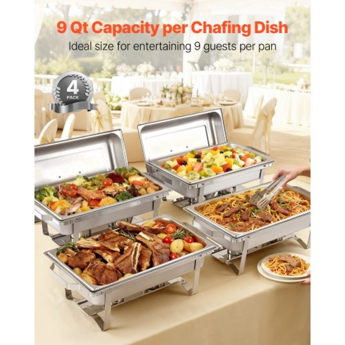 VEVOR Rectangle Chafing Dish, 9 Qt 4 Pack από ανοξείδωτο ατσάλι, Πλήρες σετ Chafer Warmer με κούφια λαβή, 2 λαβίδες φαγητού, καπάκι, θήκη για κάνιστρο, πιάτα τσαγιού για πάρτι γάμου