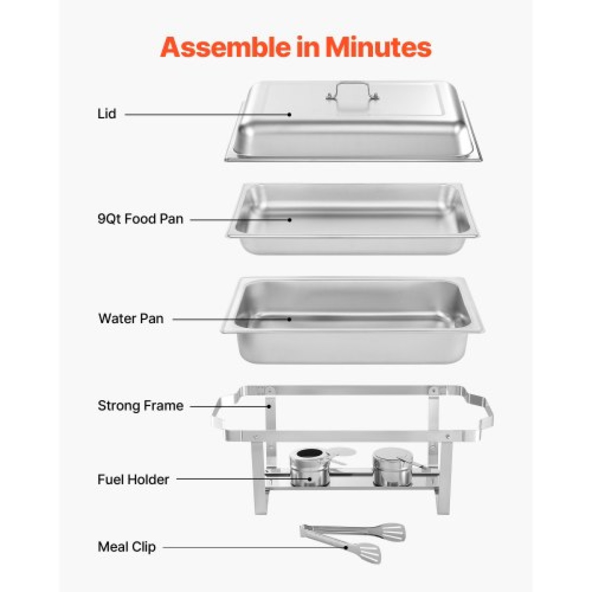 VEVOR Rectangle Chafing Dish, 9 Qt 4 Pack από ανοξείδωτο ατσάλι, Πλήρες σετ Chafer Warmer με κούφια λαβή, 2 λαβίδες φαγητού, καπάκι, θήκη για κάνιστρο, πιάτα τσαγιού για πάρτι γάμου