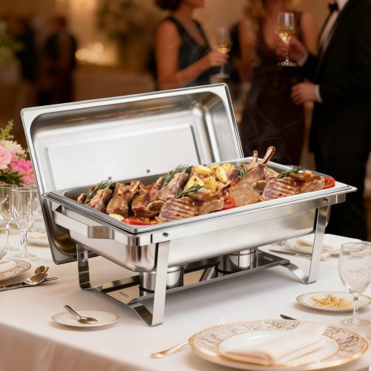 VEVOR Rectangle Chafing Dish, 9 Qt 4 Pack από ανοξείδωτο ατσάλι, Πλήρες σετ Chafer Warmer με κούφια λαβή, 2 λαβίδες φαγητού, καπάκι, θήκη για κάνιστρο, πιάτα τσαγιού για πάρτι γάμου