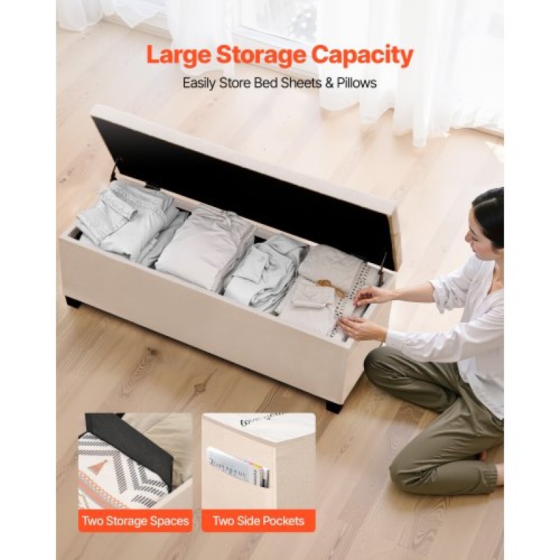 VEVOR Storage Ottoman Πάγκος, Κουμπωτό άκρο πάγκου κρεβατιού με πλαϊνές τσάντες, αναποδογυρισμένο ντουλάπι αποθήκευσης με μεταλλικό σκελετό, λινό κρεβάτι οθωμανικό για σαλόνι, υπνοδωμάτιο, είσοδος, γραφείο, μπεζ