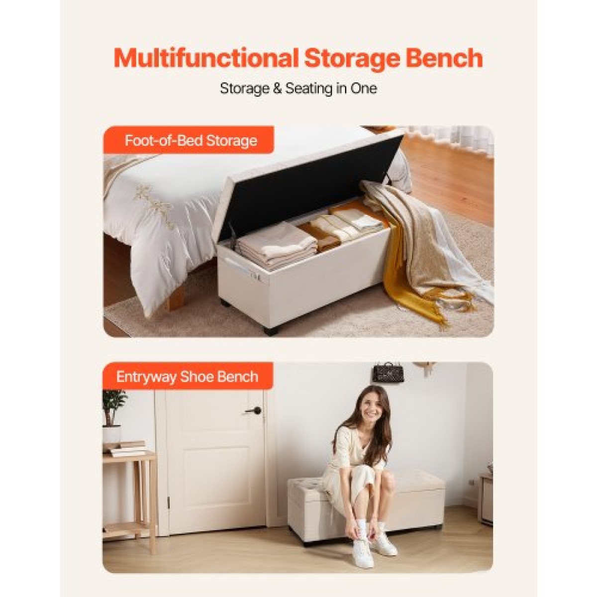 VEVOR Storage Ottoman Πάγκος, Κουμπωτό άκρο πάγκου κρεβατιού με πλαϊνές τσάντες, αναποδογυρισμένο ντουλάπι αποθήκευσης με μεταλλικό σκελετό, λινό κρεβάτι οθωμανικό για σαλόνι, υπνοδωμάτιο, είσοδος, γραφείο, μπεζ