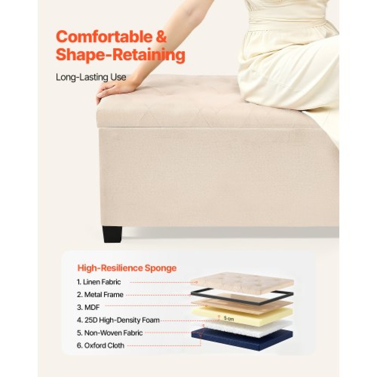 VEVOR Storage Ottoman Πάγκος, Κουμπωτό άκρο πάγκου κρεβατιού με πλαϊνές τσάντες, αναποδογυρισμένο ντουλάπι αποθήκευσης με μεταλλικό σκελετό, λινό κρεβάτι οθωμανικό για σαλόνι, υπνοδωμάτιο, είσοδος, γραφείο, μπεζ