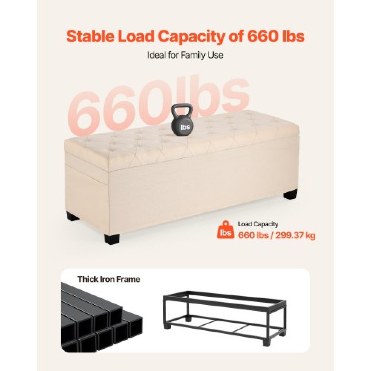 VEVOR Storage Ottoman Πάγκος, Κουμπωτό άκρο πάγκου κρεβατιού με πλαϊνές τσάντες, αναποδογυρισμένο ντουλάπι αποθήκευσης με μεταλλικό σκελετό, λινό κρεβάτι οθωμανικό για σαλόνι, υπνοδωμάτιο, είσοδος, γραφείο, μπεζ
