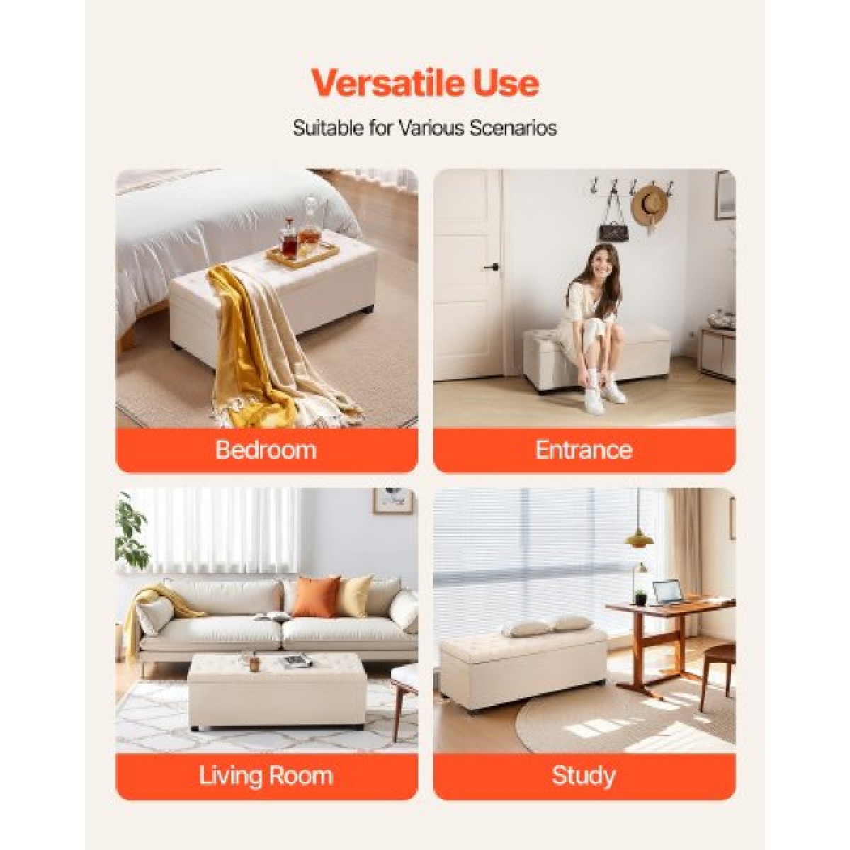 VEVOR Storage Ottoman Πάγκος, Κουμπωτό άκρο πάγκου κρεβατιού με πλαϊνές τσάντες, αναποδογυρισμένο ντουλάπι αποθήκευσης με μεταλλικό σκελετό, λινό κρεβάτι οθωμανικό για σαλόνι, υπνοδωμάτιο, είσοδος, γραφείο, μπεζ