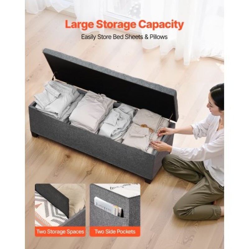 VEVOR Storage Ottoman Πάγκος, Κουμπωτό άκρο πάγκου κρεβατιού με πλαϊνές τσάντες, αναποδογυρισμένο ντουλάπι αποθήκευσης με μεταλλικό σκελετό, λινό κρεβάτι οθωμανικό για σαλόνι, υπνοδωμάτιο, είσοδος, γραφείο, γκρι