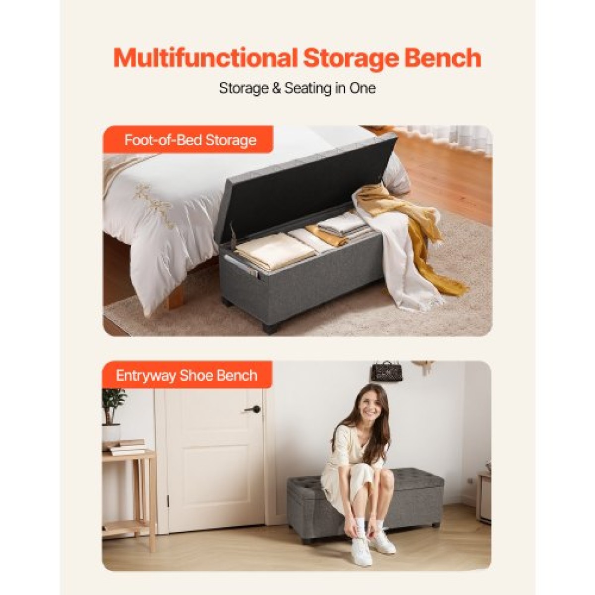 VEVOR Storage Ottoman Πάγκος, Κουμπωτό άκρο πάγκου κρεβατιού με πλαϊνές τσάντες, αναποδογυρισμένο ντουλάπι αποθήκευσης με μεταλλικό σκελετό, λινό κρεβάτι οθωμανικό για σαλόνι, υπνοδωμάτιο, είσοδος, γραφείο, γκρι
