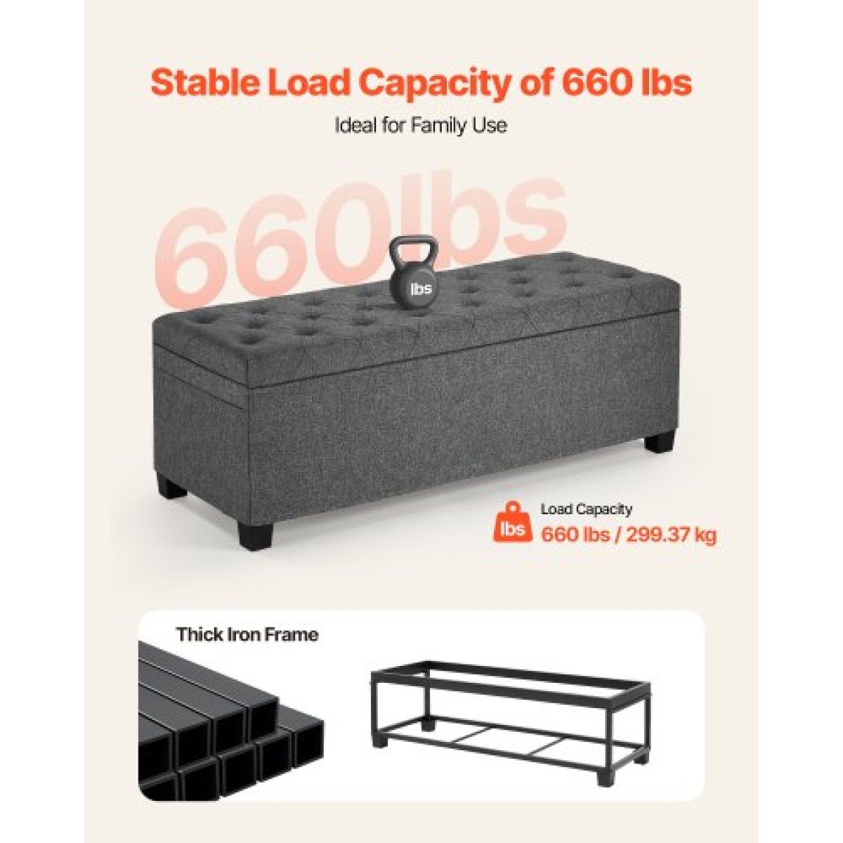 VEVOR Storage Ottoman Πάγκος, Κουμπωτό άκρο πάγκου κρεβατιού με πλαϊνές τσάντες, αναποδογυρισμένο ντουλάπι αποθήκευσης με μεταλλικό σκελετό, λινό κρεβάτι οθωμανικό για σαλόνι, υπνοδωμάτιο, είσοδος, γραφείο, γκρι