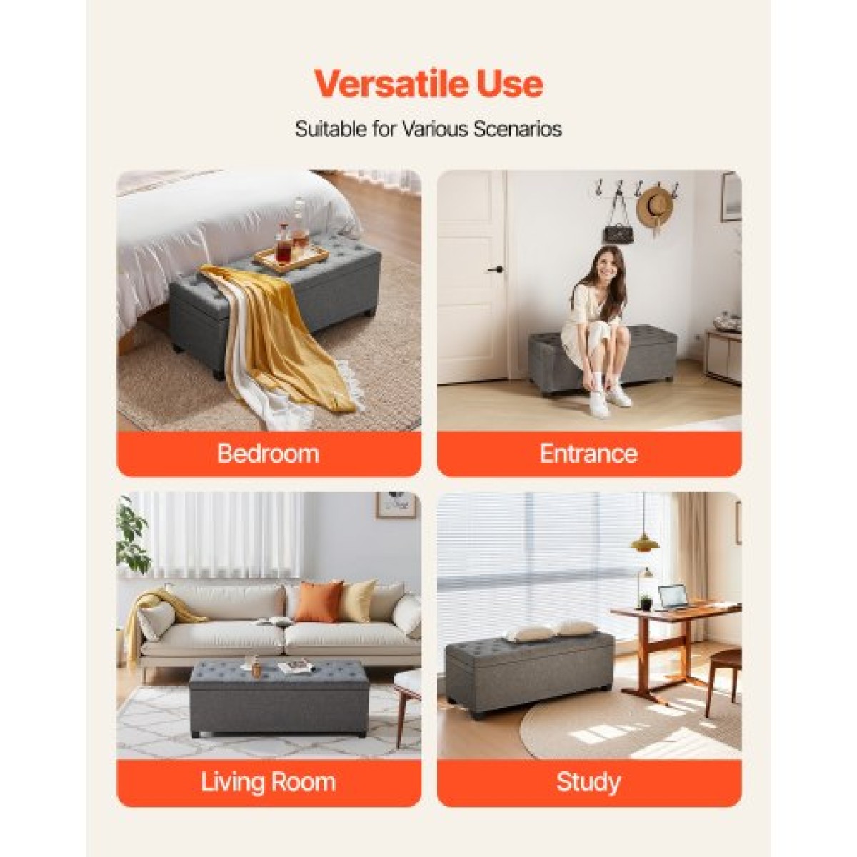 VEVOR Storage Ottoman Πάγκος, Κουμπωτό άκρο πάγκου κρεβατιού με πλαϊνές τσάντες, αναποδογυρισμένο ντουλάπι αποθήκευσης με μεταλλικό σκελετό, λινό κρεβάτι οθωμανικό για σαλόνι, υπνοδωμάτιο, είσοδος, γραφείο, γκρι
