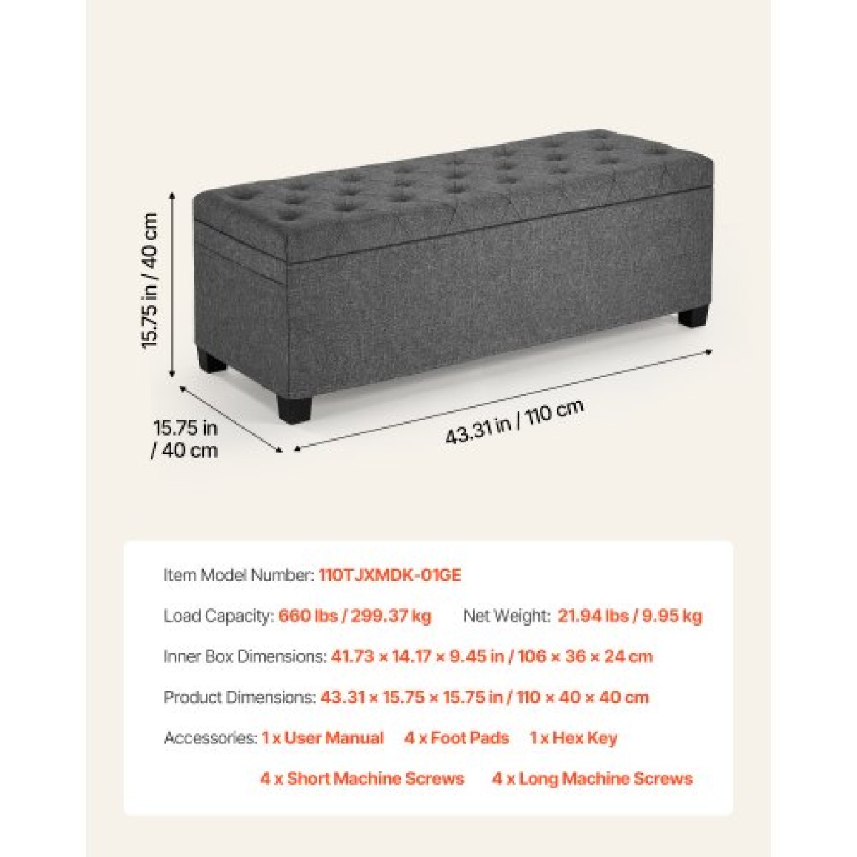VEVOR Storage Ottoman Πάγκος, Κουμπωτό άκρο πάγκου κρεβατιού με πλαϊνές τσάντες, αναποδογυρισμένο ντουλάπι αποθήκευσης με μεταλλικό σκελετό, λινό κρεβάτι οθωμανικό για σαλόνι, υπνοδωμάτιο, είσοδος, γραφείο, γκρι