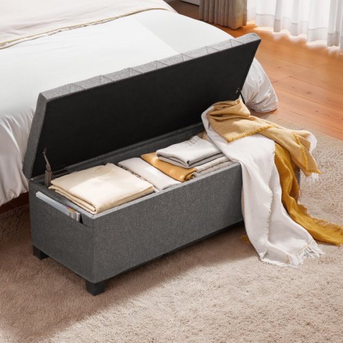 VEVOR Storage Ottoman Πάγκος, Κουμπωτό άκρο πάγκου κρεβατιού με πλαϊνές τσάντες, αναποδογυρισμένο ντουλάπι αποθήκευσης με μεταλλικό σκελετό, λινό κρεβάτι οθωμανικό για σαλόνι, υπνοδωμάτιο, είσοδος, γραφείο, γκρι